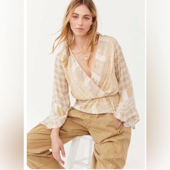 Free People Antique Combo Rosalie Ruffle Long Sleeve Pullover Wrap Top Size S - Picture 1 of 9